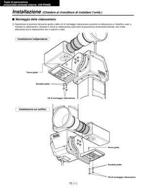 Page 178Testa di panoramica 
orizzontale/verticale interna  AW-PH400
15 ( I )
Installazione(Chiedere al rivenditore di installare l’unità.)
$Montaggio della videocamera
1Selezionare le posizioni del perno guida e delle viti di montaggio videocamera secondo la videocamera e l’obiettivo usati, e
montare la videocamera. Quando si monta la videocamera sulla testa di panoramica orizzontale/verticale, fare molta
attenzione che la videocamera non si stacchi o cada.
Installazione indipendente
Installazione sul soffitto...