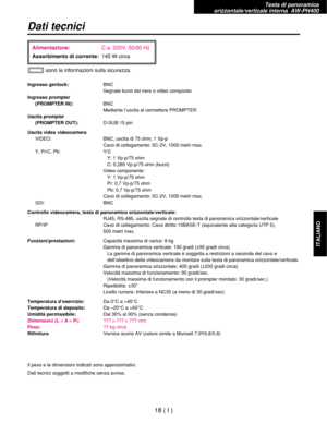 Page 181Testa di panoramica 
orizzontale/verticale interna  AW-PH400
18 ( I )
ITALIANO
Dati tecnici
Ingresso genlock:BNC
Segnale burst del nero o video composito
Ingresso prompter
(PROMPTER IN):BNC
Mediante l’uscita al connettore PROMPTER
Uscita prompter
(PROMPTER OUT):D-SUB 15 pin
Uscita video videocamera
VIDEO: BNC, uscita di 75 ohm, 1 Vp-p
Cavo di collegamento: 5C-2V, 1000 metri max.
Y, Pr/C, Pb: Y/C
Y: 1 Vp-p/75 ohm
C: 0,285 Vp-p/75 ohm (burst)
Video componente:
Y: 1 Vp-p/75 ohm
Pr: 0,7 Vp-p/75 ohm
Pb: 0,7...
