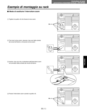 Page 195Controllore di teste 
panoramica orizzontale/verticale  AW-RP400
32 ( I )
ITALIANO
Esempio di montaggio su rack
$Modo di sostituire l’interruttore zoom
1Togliere le quattro viti che fissano la leva zoom.
2Tirar fuori la leva zoom, staccare i due cavi dalla scheda
dei circuiti all’interno e rimuovere la leva zoom.
3Inserire i due cavi che si estendono dall’interruttore zoom
nei connettori della scheda dei circuiti all’interno.
4Fissare l’interruttore zoom usando le quattro viti.
Viti!4
Viti!4 