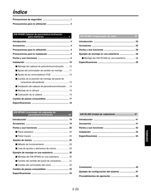 Page 2192(S)
ESPAÑOL
Índice
Precauciones de seguridad  ............................................ 1
Precauciones para la utilización  ..................................... 3
Introducción ...................................................................... 4
Accesorios ........................................................................ 4
Precauciones para la utilización  ..................................... 4
Precauciones para la instalación .................................... 5
Partes y sus funciones...