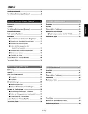 Page 572 (G)
DEUTSCH
Inhalt
Sicherheitshinweise ......................................................... 1
Vorsichtsmaßnahmen zum Gebrauch  ............................ 3
Einleitung .......................................................................... 4
Zubehör ............................................................................. 4
Vorsichtsmaßnahmen zum Gebrauch  ............................ 4
Installationshinweise ....................................................... 5
Teile und ihre...