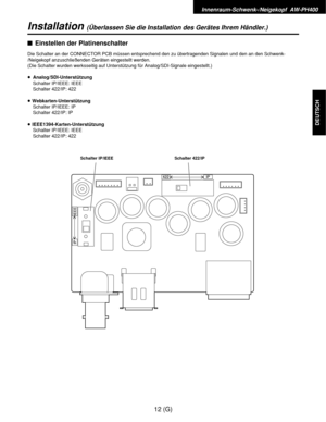 Page 67Innenraum-Schwenk-/Neigekopf  AW-PH400
12 (G)
DEUTSCH
Installation(Überlassen Sie die Installation des Gerätes Ihrem Händler.)
$Einstellen der Platinenschalter
Die Schalter an der CONNECTOR PCB müssen entsprechend den zu übertragenden Signalen und den an den Schwenk-
/Neigekopf anzuschließenden Geräten eingestellt werden.
(Die Schalter wurden werksseitig auf Unterstützung für Analog/SDI-Signale eingestellt.)
≥Analog/SDI-Unterstützung
Schalter IP/IEEE: IEEE
Schalter 422/IP: 422
≥Webkarten-Unterstützung...