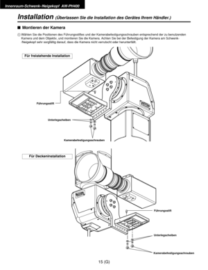 Page 70Innenraum-Schwenk-/Neigekopf  AW-PH400
15 (G)
Installation(Überlassen Sie die Installation des Gerätes Ihrem Händler.)
$Montieren der Kamera
1Wählen Sie die Positionen des Führungsstiftes und der Kamerabefestigungsschrauben entsprechend der zu benutzenden
Kamera und dem Objektiv, und montieren Sie die Kamera. Achten Sie bei der Befestigung der Kamera am Schwenk-
/Neigekopf sehr sorgfältig darauf, dass die Kamera nicht verrutscht oder herunterfällt.
Für freistehende Installation
Für Deckeninstallation...