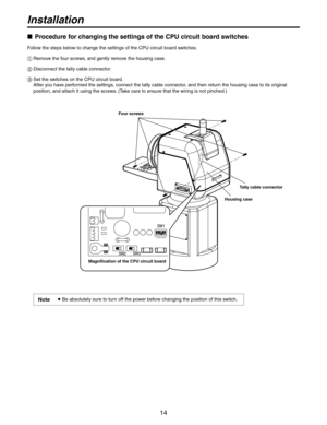 Page 14
14

Installation
 Procedure for changing the settings of the CPU circuit board switches
Follow the steps below to change the settings of the CPU circuit board switches.
  Remove the four screws, and gently remove the housing case.
  Disconnect the tally cable connector.
   Set the switches on the CPU circuit board.  
After you have performed the settings, connect the tally cable connector, and then return the housing case to its original 
position, and attach it using the screws. (Take care to...