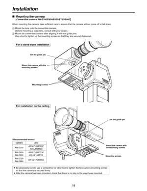 Page 18
18

   Mounting the camera
 [Convertible camera AW-E350/E650/E655/E750/E860]
When mounting the camera, take sufficient care to ensure that the camera will not come off or fall down.
   Mount the lens onto the convertible camera.  
(Before mounting a large lens, consult with your dealer.)
   Mount the convertible camera after aligning it with the guide pins.  
Use a tool to tighten up the mounting screws so that they are securely tightened.

CameraLens
AW-E50AW-LZ16MD55P
AW-LZ10MD6
AW-E650...