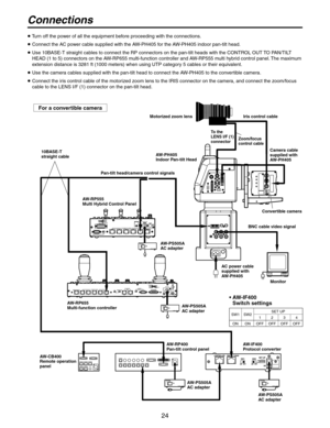 Page 24
4

Connections
 Turn off the power of all the equipment before proceeding with the connections.
 Connect the AC power cable supplied with the AW-PH405 for the AW-PH405 indoor pan-tilt head.
  Use 10BASE-T straight cables to connect the RP connectors on the pan-tilt heads with the CONTROL OUT TO PAN/TILT 
HEAD (1 to 5) connectors on the AW-RP655 multi-function controller and AW-RP555 multi hybrid control panel. The maximum 
extension distance is 81 ft (1000 meters) when using UTP...