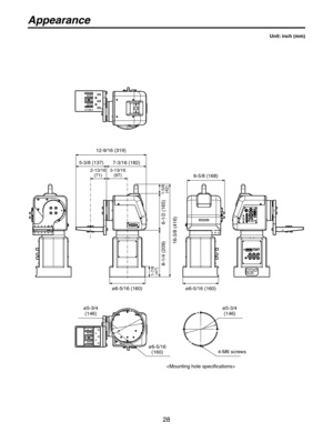 Page 28
8

Appearance
Unit: inch (mm)
5-/8 (17) 7-/16 (18)
1-9/16
 (19)
6-1/
 (165)
8-1/4 (09)
16-/8
 (416)
6-5/8 (168)
ø6-5/16 (160)
1-5/8
 
(4)
ø5-/4 (146)
ø6-5/16 (160)
ø5-/4
 (146)
4-M6 screws

1-7/8
 
(47)
ø6-5/16 (160)
-1/16 (71) -1/16 (97) 