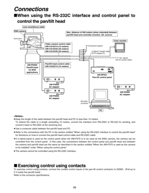 Page 1616
O    I
O    I
O    I
Connections
∫When using the RS-232C interface and control panel to
control the pan/tilt head
AW-PH500
Pan/tilt head
for ENG
applications
AW-PS505
AC adapter
AW-PS505
AC adapter AW-RP301
Pan-tilt control panel
AW-PS505
AC adapter Lens zoom/focus cable
ENG camera
Color monitorZoom lens
Video camera control cable
AW-CA16U10 (10 meters)
AW-CA16U20 (20 meters)
AW-CA16U30 (30 meters)
Pan/tilt head control cable
AW-CA24U10 (10 meters)
Component signals
RS-232C
connectorG/L signals
(5C-2V...