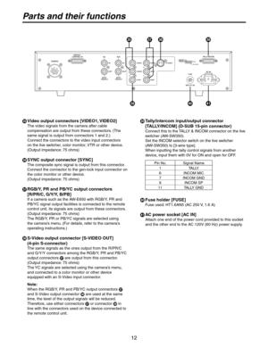 Page 12
12

 Video output connectors [VIDEO1, VIDEO2]
The video signals from the camera after cable 
compensation are output from these connectors. (The 
same signal is output from connectors 1 and 2.)
Connect the connectors to the video input connectors 
on the live switcher, color monitor, VTR or other device. 
(Output impedance: 75 ohms)
 SYNC output connector [SYNC]
The composite sync signal is output from this connector. 
Connect the connector to the gen-lock input connector on 
the color monitor or...