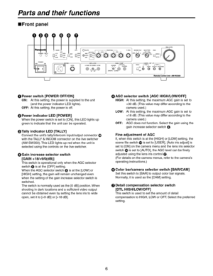 Page 6
6

 Power switch [POWER OFF/ON]
ON:    At this setting, the power is supplied to the unit (and the power indicator LED lights).
OFF:  At this setting, the power is off.
 Power indicator LED [POWER] 
When the power switch is set to [ON], this LED lights up 
green to indicate that the unit can be operated.
 Tally indicator LED [TALLY]
Connect the unit’s tally/intercom input/output connector   
with the TALLY & INCOM connector on the live switcher 
(AW-SW350). This LED lights up red when the unit is...