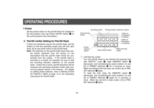 Page 27-25-
OPERATING PROCEDURES1.Power
Set the power switch on the pan/tilt head AC adapter to
the ON position, then set Power ON/OFF Switch won
the control panel to the ON position.
2. Pan/tilt Limiter Setting for Pan/tilt Head
If there are obstacles around the pan/tilt head, set the
limiters to limit the operating range (pan left and right
ends, tilt up and down ends) of the pan/tilt head.
Note:The switches on the pan/tilt head have been pre-
set before shipment from the factory on the
assumption that the...