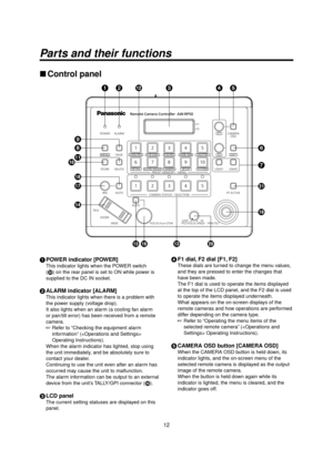 Page 1212
 Parts and their functions
 Control panel
POWER ALARM F1 CAMERA
OSD
R/B GAIN R/B PED
SYSTEM
SETUP
CAMERA
SCENE/MODEDETAILDELETE
STORE PAGE
MENU F2 EXIT
USER2
USER1
PT ACTIVE
AUTO
IRIS
AUTO
HI
LOWPTZ/FOCUS SPEED PAN/TILT
FOCUS/PUSH OTAF
TELE
ZOOM WIDE
CAMERA STATUS / SELECTION
PRESET MEMORY / MENU
GAIN/PED
F2 F1
123
AWB/ABB
4
SHUTTER
5
12345 678910



	











 POWER indicator [POWER]
This indicator lights when the POWER switch 
() on the rear panel is set to ON while power...