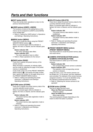 Page 1313
Parts and their functions
 EXIT button [EXIT]
Press this during menu operations to return to the 
previous hierarchical level.
 USER buttons [USER1, USER2]
The functions of some of the setting items on the 
menus can be assigned to [USER1] and [USER2] 
to be recalled later.
  Refer to “Setting the USER buttons” ( Operating Instructions).
 MENU button [MENU]
Press this to recall the menus using the PRESET 
MEMORY/MENU buttons (). 
When it is pressed again while its indicator is 
lighted, the menu...