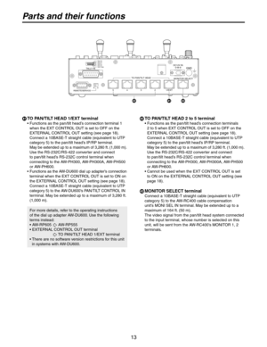 Page 13
13

Parts and their functions
 TO PAN/TILT HEAD 1/EXT terminal
•  Functions as the pan/tilt head’s connection terminal 1 
when the EXT CONTROL OUT is set to OFF on the 
EXTERNAL CONTROL OUT setting (see page 18). 
Connect a 10BASE-T straight cable (equivalent to UTP 
category 5) to the pan/tilt head’s IP/RP terminal. 
May be extended up to a maximum of 3,280 ft. (1,000 m). 
Use the RS-232C/RS-422 converter and connect 
to pan/tilt head’s RS-232C control terminal when 
connecting to the AW-PH300,...