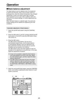 Page 23
23

1.   Select the pan/tilt head system using the CONTROL 
button.
2.   Press the IRIS button to set the currently selected pan/tilt 
head system to the AUTO mode (the IRIS button’s lamp 
now comes on).
3.   Press the ABC button. 
The ABC button’s lamp flashes, the lens iris is 
automatically stopped down, and the black balance 
is automatically adjusted. Once the adjustment has 
been performed correctly, the lamp goes off, and the 
conditions set are entered in the memory.
   The ABC button’s lamp...