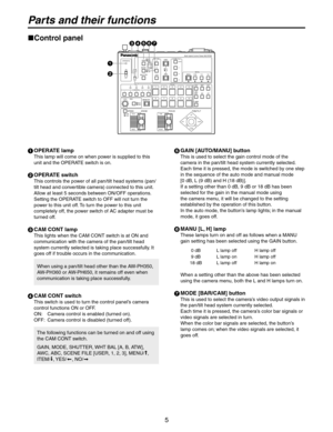 Page 5
5

Parts and their functions
Control panel
 OPERATE lamp
This lamp will come on when power is supplied to this 
unit and the OPERATE switch is on.
 OPERATE switch
This controls the power of all pan/tilt head systems (pan/
tilt head and convertible camera) connected to this unit. 
Allow at least 5 seconds between ON/OFF operations. 
Setting the OPERATE switch to OFF will not turn the 
power to this unit off. To turn the power to this unit 
completely off, the power switch of AC adapter must be 
turned...