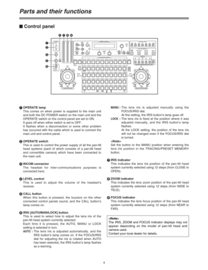 Page 44 1OPERATE lamp
This comes on when power is supplied to the main unit
and both the DC POWER switch on the main unit and the
OPERATE switch on the control panel are set to ON.
It goes off when either switch is set to OFF.
It flashes when a disconnection or some other problem
has occurred with the cable which is used to connect the
main unit and control panel.
2OPERATE switch
This is used to control the power supply of all the pan-tilt
head systems (each of which consists of a pan-tilt head
and convertible...