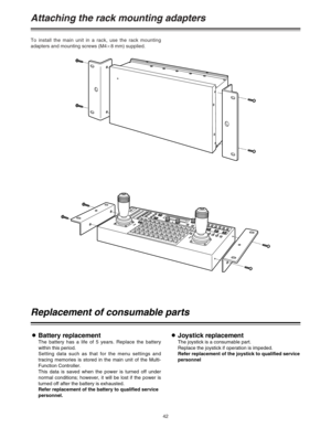 Page 4242
Attaching the rack mounting adapters
To install the main unit in a rack, use the rack mounting
adapters and mounting screws (M4a8 mm) supplied.
Replacement of consumable parts
OBattery replacement
The battery has a life of 5 years. Replace the battery
within this period.
Setting data such as that for the menu settings and
tracing memories is stored in the main unit of the Multi-
Function Controller.
This data is saved when the power is turned off under
normal conditions; however, it will be lost if...