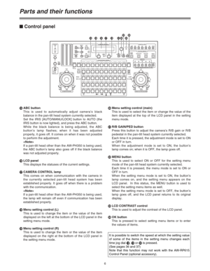 Page 66 ?ABC button
This is used to automatically adjust camera’s black
balance in the pan-tilt head system currently selected.
Set the IRIS [AUTO/MANU/LOCK] button to AUTO (the
IRIS button is now lighted), and press the ABC button.
While the black balance is being adjusted, the ABC
button’s lamp flashes; when it has been adjusted
properly, it goes off. It comes on when it was not possible
to perform the adjustment.

If a pan-tilt head other than the AW-PH350 is being used,
the ABC button’s lamp also goes off...