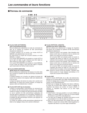 Page 51– 5 –
:Touche GAIN (AUTO/MANU) 
[Gain (automatique/manuel)]
Elle est utilisée pour sélectionner le mode de commande du
gain de la caméra du système de tête panoramique
actuellement sélectionné.
A chaque pression sur la touche, les modes AUTO et
MANUAL sont sélectionnés à tour de rôle.
En mode AUTO, le voyant de la touche s’éclaire; en mode
MANUAL, il s’éteint.
Si la touche R/B GAIN/PED est pressée en mode AUTO et
que le gain est réglé, le gain maximum peut être réglé sur
deux niveaux au choix: AGC L ou...