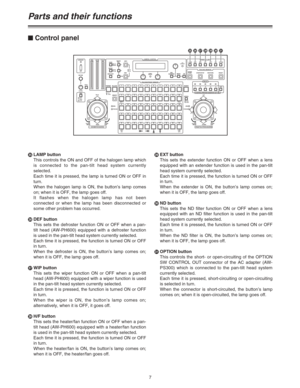 Page 77 ILAMP button
This controls the ON and OFF of the halogen lamp which
is connected to the pan-tilt head system currently
selected.  
Each time it is pressed, the lamp is turned ON or OFF in
turn.
When the halogen lamp is ON, the button’s lamp comes
on; when it is OFF, the lamp goes off.
It flashes when the halogen lamp has not been
connected or when the lamp has been disconnected or
some other problem has occurred.
JDEF button
This sets the defroster function ON or OFF when a pan-
tilt head (AW-PH600)...