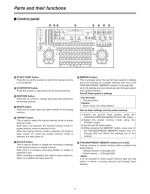 Page 88 PSTART POINT button
Press this to set the position at which the tracing memory
is to be started.
QSTART/STOP button
Press this to start or stop entry into the tracing memory.
RRESTORE button
Press this to correct or change what has been entered in
the tracing memory.
SRESET button
Press this to erase what has been entered in the tracing
memory.
TTR/PSET button
This is used to select the tracing memory mode or preset
memory mode.  
Each time it is pressed, the tracing memory mode or
preset memory mode...