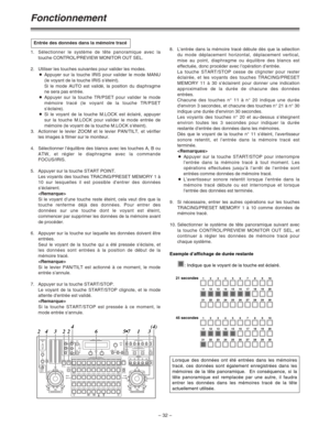 Page 78– 32 –
8. L’entrée dans la mémoire tracé débute dès que la sélection
du mode déplacement horizontal, déplacement vertical,
mise au point, diaphragme ou équilibre des blancs est
effectuée, donc procéder avec l’opération d’entrée.
La touche START/STOP cesse de clignoter pour rester
éclairée, et les voyants des touches TRACING/PRESET
MEMORY 11 à 30 s’éclairent pour donner une indication
approximative de la durée de chacune des données
entrées.
Chacune des touches n° 11 à n° 20 indique une durée
d’environ 3...