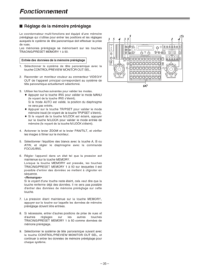 Page 81– 35 –
Fonctionnement
$Réglage de la mémoire préréglage
Le coordonnateur multi-fonctions est équipé d’une mémoire
préréglage qui s’utilise pour entrer les positions et les réglages
auxquels le système de tête panoramique doit effectuer la prise
de vues.
Les mémoires préréglage se mémorisent sur les touches
TRACING/PRESET MEMORY 1 à 50.
1.Sélectionner le système de tête panoramique avec la
touche CONTROL/PREVIEW MONITOR OUT SEL.
2.Raccorder un moniteur couleur au connecteur VIDEO/Y
OUT de l’appareil...