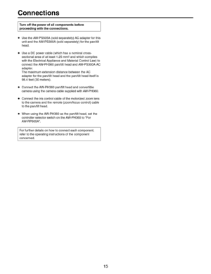 Page 15
#ONNECTIONS
p5SETHE!7
03!SOLDSEPARATELY	!#ADAPTERFORTHIS
UNITANDTHE!7
03!SOLDSEPARATELY	FORTHEPANTILT
HEAD
p5SEA$#POWERCABLEWHICHHASANOMINALCROSS
SECTIONALAREAOFATLEASTMM
ANDWHICHCOMPLIES
WITHTHE%LECTRICAL!PPLIANCEAND-ATERIAL#ONTROL,AW	TO
CONNECTTHE!7
0(PANTILTHEADAND!7
03!!#
ADAPTER
4HEMAXIMUMEXTENSIONDISTANCEBETWEENTHE!#
ADAPTERF
FEETMETERS	
p#ONNECTTHE!7
0(PANTILTHEADANDCONVERTIBLE
CAMERAUSINGTHECAMERACABLESUPPLIEDWITH!7
0(...