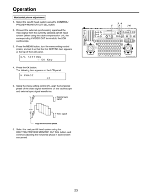 Page 23
 3ELECTTHEPANTILTHEADSYSTEMUSINGTHE#/.42/,
02%6)%7-/.)4/2/543%,BUTTON
 #ONNECTTHEEXTERNALSYNCHRONIZINGSIGNALANDTHE

SYSTEMWHENUSINGTHECABLECOMPENSATIONUNITTHE
CORRESPONDING96)$%//54TERMINAL	TOTHE#(
OSCILLOSCOPE
 0RESSTHE-%.5BUTTONTURNTHEMENUSETTINGCONTROL

ATTHETOPOFTHE,#$PANEL
(-4&55*/(

0,,FZ
 0RESSTHE/+BUTTON
4HEFOLLOWINGITEMAPPEARSONTHE,#$PANEL
)1)4&

P
 5SINGTHEMENUSETTINGCONTROL2	ALIGNTHEHORIZONTAL...