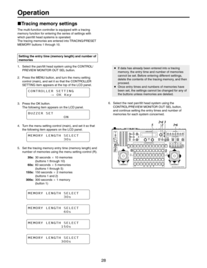 Page 28
 3ELECTTHEPANTILTHEADSYSTEMUSINGTHE#/.42/,
02%6)%7-/.)4/2/543%,BUTTON
 0RESSTHE-%.5BUTTONANDTURNTHEMENUSETTING
CONTROLMAIN	ANDSETITSOTHATTHE#/.42/,,%2
3%44).ITEMAPPEARSATTHETOPOFTHE,#$PANEL
$0/530--&34&55*/(

0,,FZ
 0RESSTHE/+BUTTON
4HEFOLLOWINGITEMAPPEARSONTHE,#$PANEL
#6;;&34&5
0/
 4URNTHEMENUSETTINGCONTROLMAIN	ANDSETITSOTHAT
THEFOLLOWINGITEMAPPEARSONTHE,#$PANEL
.&.03:-&/(5)4&-&$5
T
 3ETTHETRACINGMEMORYENTRYTIMEMEMORYLENGTH	AND...