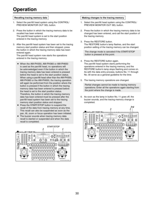 Page 30
 3ELECTTHEPANTILTHEADSYSTEMUSINGTHE#/.42/,
02%6)%7-/.)4/2/543%,BUTTON
 0RESSTHEBUTTONINWHICHTHETRACINGMEMORYDATATOBE
CHANGEDHASBEENENTEREDANDCALLTHESTARTPOSITIONOF
THETRACINGMEMORY
 0RESSTHE2%34/2%BUTTON
4HE2%34/2%BUTTONSLAMPFLASHESANDTHESTART
POSITIONSETTINGOFTHETRACINGMEMORYCANBECHANGED

4HECHANGEMODEISCANCELEDIFTHE34!2434/0
BUTTONISPRESSEDATTHISPOINT
 0RESSTHE2%34/2%BUTTONAGAIN
4HEPANTILTHEADSYSTEMSTARTSPERFORMINGTHE
OPERATIONSENTEREDINTHETRACINGMEMORYANDTHE...