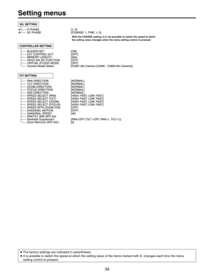 Page 34
3ETTINGMENUS
p4HEFACTORYSETTINGSAREINDICATEDINPARENTHESES
p)TISPOSSIBLETOSWITCHTHESPEEDATWHICHTHESETTINGVALUEOFTHEITEMSMARKEDWITH,CHANGESEACHTIMETHEMENU
SETTINGCONTROLISPRESSED
7ITHTHE#/!23%SETTINGITISNOTPOSSIBLETOSWITCHTHESPEEDATWHICH
THESETTINGVALUECHANGESWHENTHEMENUSETTINGCONTROLISPRESSED 