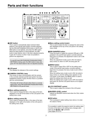 Page 7
0ARTSANDTHEIRFUNCTIONS
!#BUTTON
4HISISUSEDTOAUTOMATICALLYADJUSTCAMERASBLACK

3ETTHE)2)3;!54/-!.5,/#+=BUTTONTO!54/THE
)2)3BUTTONISNOWLIGHTED	ANDPRESSTHE!#BUTTON
7HILETHEBLACKBALANCEISBEINGADJUSTEDTHE!#
BUTTONSLAMPFLASHESWHENITHASBEENADJUSTEDPROPERLY
ITGOESOFF)TCOMESONWHENITWASNOTPOSSIBLETO
PERFORMTHEADJUSTMENT

)FAPANTILTHEAD!7
0(!7
0(!!7
0(
!7
0(ISBEINGUSEDTHE!#BUTTONSLAMPALSO
GOESOFFIFTHEBLACKBALANCEWASNOTADJUSTEDPROPERLY
,#$PANEL...