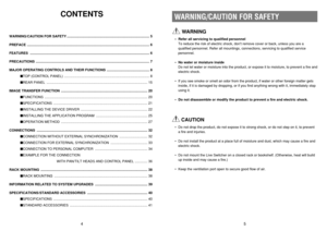 Page 35 4
CONTENTS
WARNING/CAUTION FOR SAFETY ..................................................................................... 5
PREFACE .............................................................................................................................. 6
FEATURES ........................................................................................................................... 6
PRECAUTIONS...