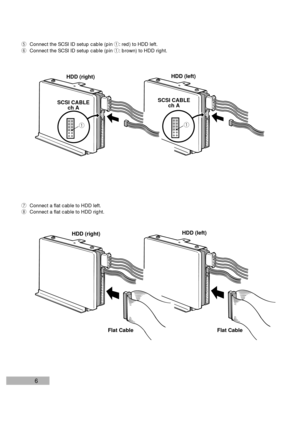 Page 86
HDD (left)
SCSI CABLE
       ch A
q
HDD (right)
SCSI CABLE
       ch A
q
tConnect the SCSI ID setup cable (pin q: red) to HDD left.
yConnect the SCSI ID setup cable (pin q: brown) to HDD right.
HDD (left)HDD (right)
Flat Cable Flat Cable
uConnect a flat cable to HDD left.
iConnect a flat cable to HDD right. 