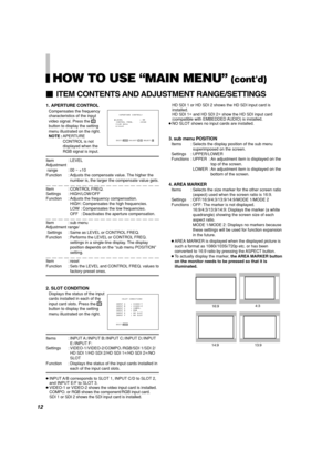 Page 1412
1. APERTURE CONTROL
Compensates the frequency
characteristics of the input
video signal. Press the 
button to display the setting
menu illustrated on the right.
NOTE :APERTURE
CONTROL is not
displayed when the
RGB signal is input.
●INPUT A/B corresponds to SLOT 1, INPUT C/D to SLOT 2,
and INPUT E/F to SLOT 3.
●VIDEO-1 or VIDEO-2 shows the video input card is installed.
COMPO. or RGB shows the component/RGB input card.
SDI 1 or SDI 2 shows the SDI input card is installed.
Item : LEVEL
Adjustment
 range...