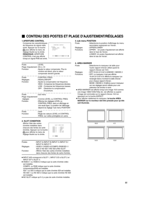 Page 35FRANÇAIS
1.APERTURE CONTROL
Compense les caractéristiques
de fréquence du signal vidéo
entré. Appuyer sur la touche
 pour afficher le menu de
réglage illustré sur la droite.
REMARQUE: APERTURE
CONTROL n’est pas affiché
lorsqu’un signal RVB est entré.
●INPUT A/B  correspond à SLOT 1, INPUT C/D à SLOT 2 et
INPUT E/F à SLOT 3.
●VIDEO-1 ou VIDEO-2 indique que la carte d’entrée vidéo
est installée.
COMPO. ou RGB indique que la carte d’entrée
composantes/RVB est installée.
SDI 1 ou SDI 2 indique que la carte...