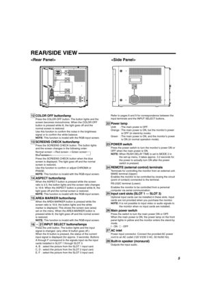 Page 5ENGLISH
REAR/SIDE VIEW

COLOR OFF button/lamp
Press the COLOR OFF button. The button lights and the
screen becomes monochrome. When the COLOR OFF
button is pressed while lit, the light goes off and the
normal screen is restored.
Use this function to confirm the noise in the brightness
signal or to confirm the white balance.
NOTE: This function is invalid with the RGB-input screen.
SCREENS CHECK button/lamp
Press the SCREENS CHECK button. The button lights
and the screen changes in the following order:...