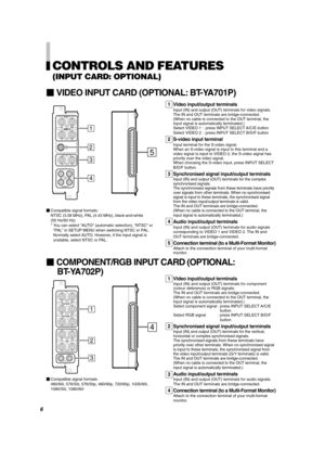 Page 6Video input/output terminals
Input (IN) and output (OUT) terminals for component
(colour deference) or RGB signals.
The IN and OUT terminals are bridge-connected.
(When no cable is connected to the OUT terminal, the
input signal is automatically terminated.)
Select component signal : press INPUT SELECT A/C/E
button
Select RGB signal : press INPUT SELECT B/D/F
button
Synchronised signal input/output terminals
Input (IN) and output (OUT) terminals for the vertical,
horizontal or complex synchronised...