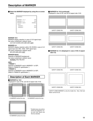 Page 1111
[MARKER] 
>MARKER 16:9            OFF
 MARKER 4:3             OFF
 MARKER BACK         NORMAL
 [GPI]     
  PRESET1               80%
  PRESET2               80%
     
              
                
Description of Each MARKER
4:3 MARKER (vertical line only) 14:9 MARKER (vertical line only)
13:9 MARKER (vertical line only)
SAFETY ZONE 95%SAFETY ZONE 93%
SAFETY ZONE 88%
SAFETY ZONE 80%
SAFETY ZONE 95%
SAFETY ZONE 93%
SAFETY ZONE 88%
SAFETY ZONE 80%
Description of MARKER
_ Select the MARKER displayed by...