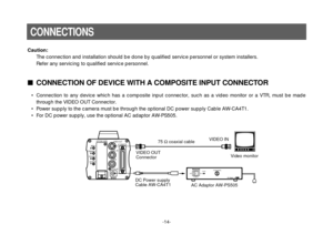 Page 16-14-
Caution:
The connection and installation should be done by qualified service personnel or system installers.
Refer any servicing to qualified service personnel.
CONNECTIONS
VIDEO OUT
G/L INI/F REMOTE OPTION CARD
IRIS
DC12V IN
MENUITEM/AWCYES/ABCNO/BAR
ONPOWEROFFPOWERO    I
FUSE(POWER)FUSEFUSEAC Adaptor  AW-PS505
CONNECTION OF DEVICE WITH A COMPOSITE INPUT CONNECTOR
• Connection to any device which has a composite input connector, such as a video monitor or a VTR, must be made
through the VIDEO OUT...