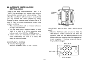 Page 23-21-
AUTOMATIC WHITE BALANCE
CONTROL (AWC)
There are two white balance memories, “AWC A” or
“AWC B” for two different light sources color tempera-
tures, with the automatic white balance setting.  Then,
when the two different light sources are encountered,
you may operate the camera properly by simply
change the white balance mode to either AWC A or
AWC B.  There is no need to readjust the camera to the
ambient conditions.
* The preset conditions will be renewed whenever
you input new conditions.
1....