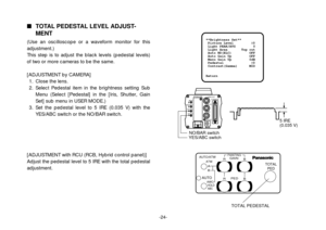 Page 26-24-
TOTAL PEDESTAL LEVEL ADJUST-
MENT
(Use an oscilloscope or a waveform monitor for this
adjustment.)
This step is to adjust the black levels (pedestal levels)
of two or more cameras to be the same.
[ADJUSTMENT by CAMERA]
1. Close the lens.
2. Select Pedestal item in the brightness setting Sub
Menu (Select [Pedestal] in the [Iris, Shutter, Gain
Set] sub menu in USER MODE.)
3. Set the pedestal level to 5 IRE (0.035 V) with the
YES/ABC switch or the NO/BAR switch.
[ADJUSTMENT with RCU (RCB, Hybrid...