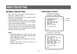 Page 31-29-
MENU ITEM SETTING
• Each of the four use modes of the camera has a
main menu.  (Shown at right)
• Each item of the main menu has a submenu, which
consists of several settings.
• These settings have been preset to the optimum
values to suit each use mode, and can be changed
to suit actual shooting conditions.
• They can be set from the camera and RCU (RCB).
They can also be set from the hybrid control panel
using the switches, but the setting items are limited
because the menu is not shown.
Notes:
•...