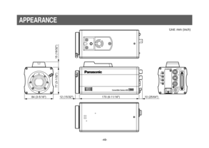 Page 51-49-
Convertible Camera AW-E800WIDE
VIDEO OUT
G/L INI/F REMOTE OPTION CARD
IRIS
DC12V IN
MENUITEM/AWCYES/ABCNO/BAR
84 (3-5/16)170 (6-11/16) 12 (15/32) 10 (25/64)
77 (3-1/32) 15 (19/32)
APPEARANCE
Unit: mm (inch) 