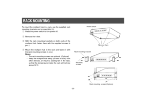 Page 251
YC2
YC3
YC4
YC5
YC
CABLE  COMP1
YC2
YC3
YC4
YC5
YC
CABLE  COMP
1
YC2
YC3
YC4
YC5
YC
CABLE  COMP
-23-
RACK MOUNTINGTo mount the multiport hub in a rack, use the supplied rack
mounting brackets and screws (M4x10).
qPress the power switch to turn power off.
wRemove the 4 feet.
eWith the rack mounting brackets on both ends of the
multiport hub, fasten them with the supplied screws (4
pcs.)
rMount the multiport hub in the rack and fasten it with
the rack mounting screws (4 pcs.)
Notes:
• The rack mounting...