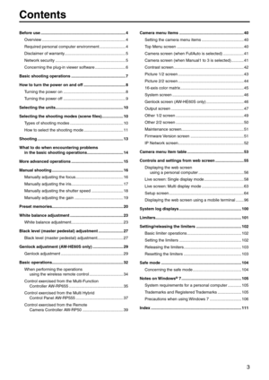 Page 33
Contents
Before use ..................\p..................\p..................\p..................\p... 4
Overview  ..................\e..................\e..................\e..................\e.. 4
Required personal com\eputer environment  ..................\e.....4
Disclaimer of warranty ..................\e..................\e..................\e 5
Network security  ..................\e..................\e..................\e........ 5
Concerning the plug-in vie\ewer software...