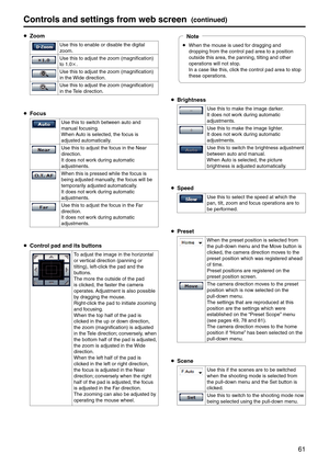 Page 6161
Controls and settings fr\pom web screen(continued)
 Zoom
Use this to enable or disable the digital 
zoom.
Use this to adjust \ethe zoom (magnification\e) 
to 1.0.
Use this to adjust \ethe zoom (magnification\e) 
in the Wide direction.
Use this to adjust \ethe zoom (magnification\e) 
in the Tele direction.
 Focus
Use this to switch between auto and 
manual focusing.
When \buto is selected, the \efocus is 
adjusted automatica\elly.
Use this to adjust \ethe focus in the Near 
direction.
It does not...