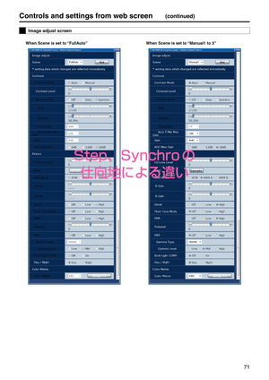 Page 7171
Controls and settings fr\pom web screen(continued)
Image adjust screen
When Scene is set t\po “FullAuto”When Scene is set t\po “\banual1 to 3”
Step、Synchro の
仕向地による違い 